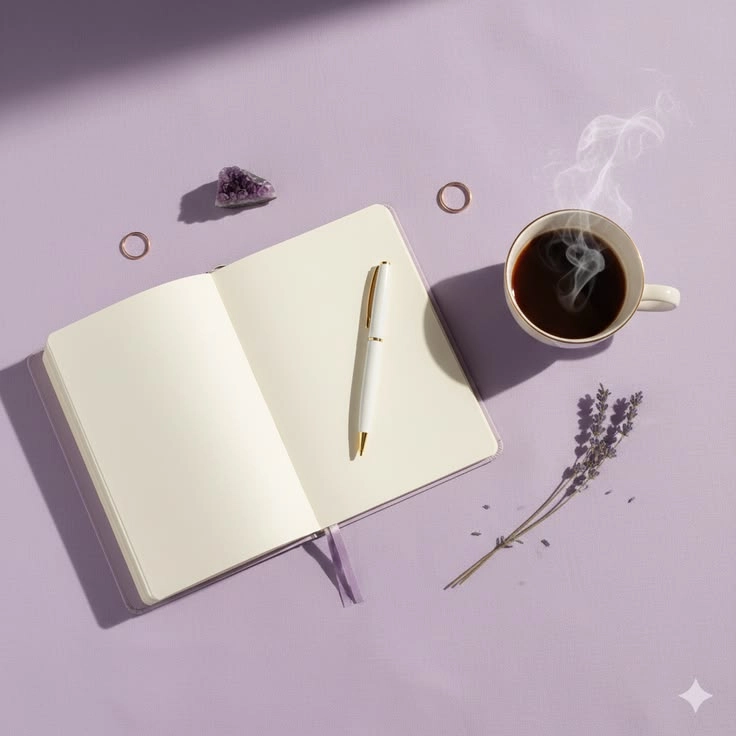 A beautifully styled flat-lay workspace featuring a soft lavender background, an open notebook, and a warm cup of coffee, creating a calm and inspiring atmosphere.
