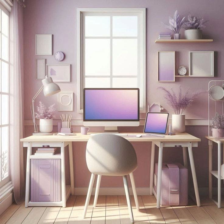 A soft lavender-themed workspace filled with natural light, creating a peaceful and inspiring environment for work and creativity.