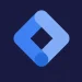 This image features a modern, minimalist geometric logo made of a blue gradient ribbon-like shape forming a tilted square with an open center