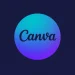 The word "Canva" in cursive script inside a circle with a cyan-to-purple gradient, on a dark navy background.