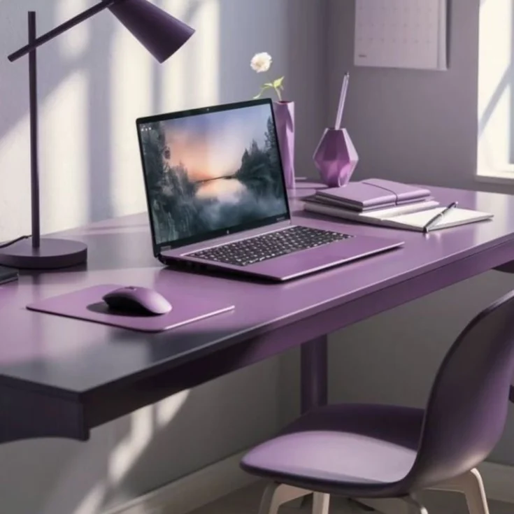 This is a beautifully styled workspace office setup with a strong purple monochromatic theme. Here's what's in the image